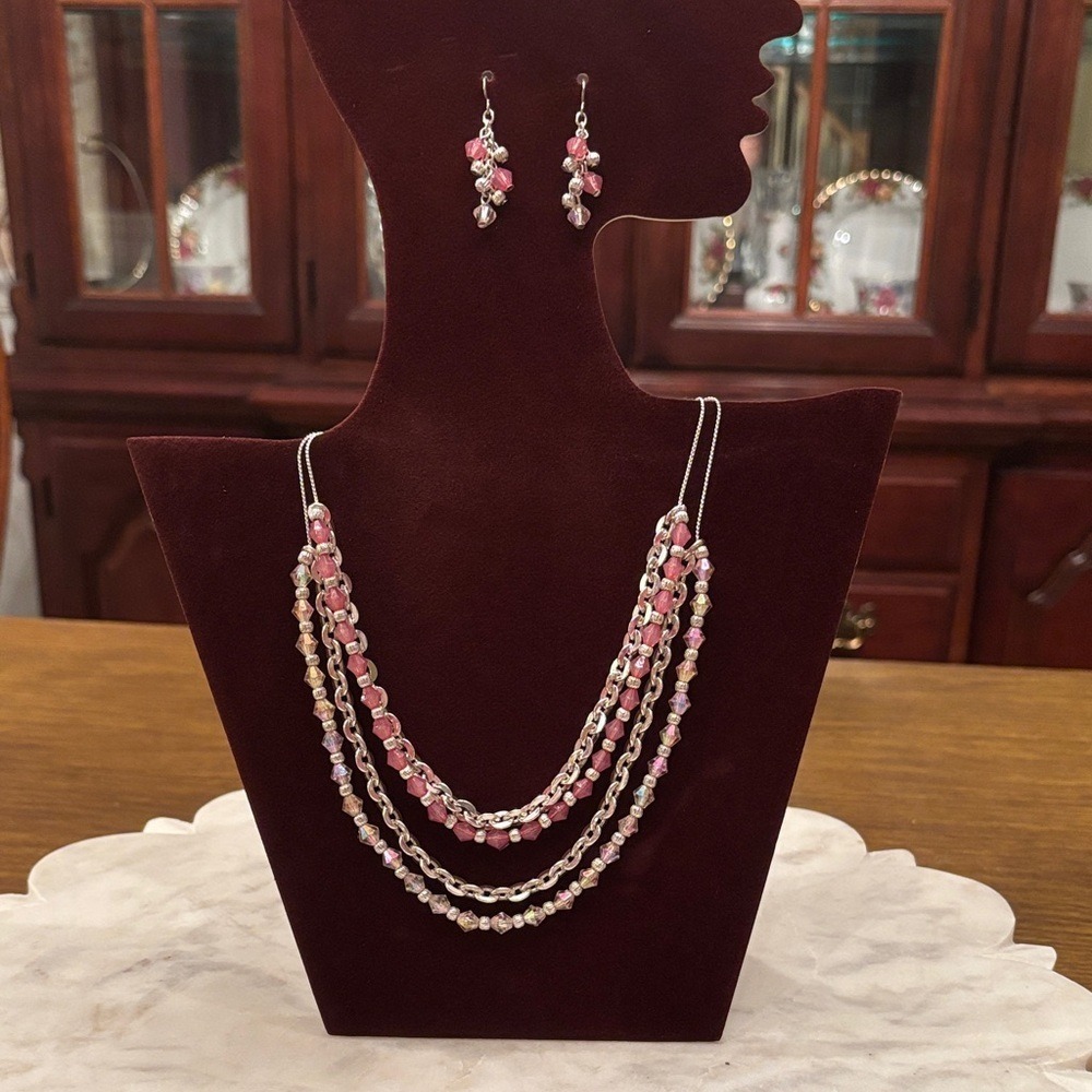 Pink Crystal and Silver Multi-Strand Necklace and Earring Set by Croft & Barrow